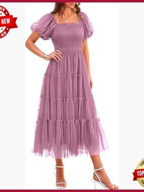 Smocked Midi Tulle Dress Puffy Sleeve Square Neck Wedding Guest Party